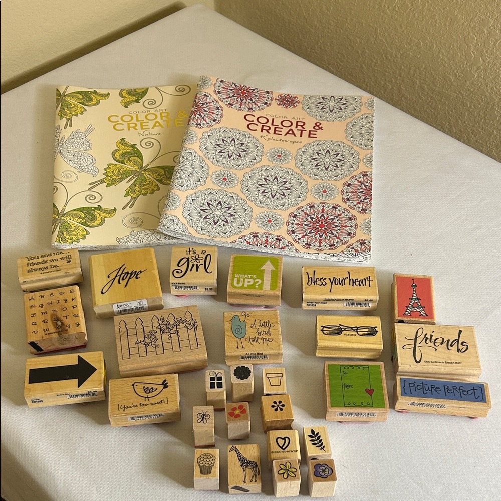 Vintage Style Wooden Rubber Stamps with Two Coloring Books and 27 stamps